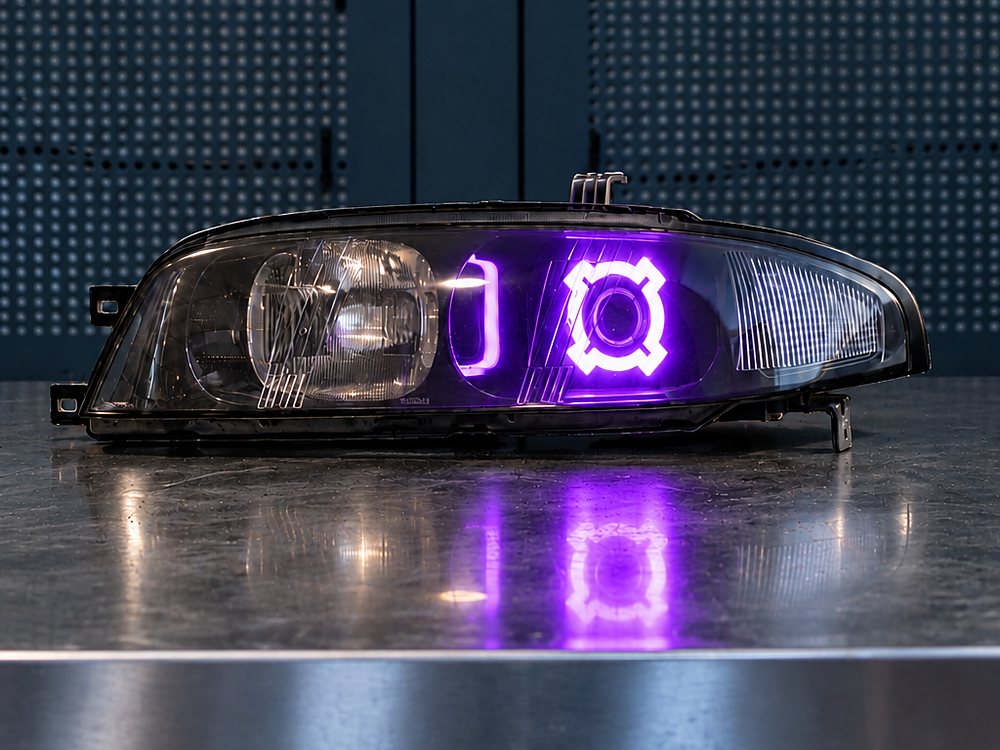 Faro Nissan Skyline R33 con angel eyes RGB viola accesi